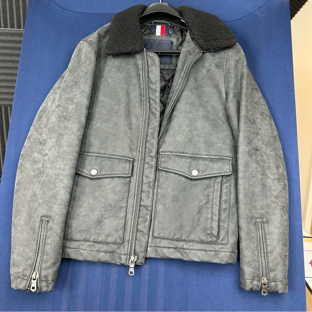 Tommy Hilfiger Men's Faux Leather Moto Jacket Removable Collar